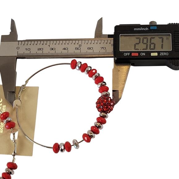 Large Red Beaded Hoop Earrings 3" Silver Tone Rhinestone Accent Pierced Holiday - Picture 6 of 7